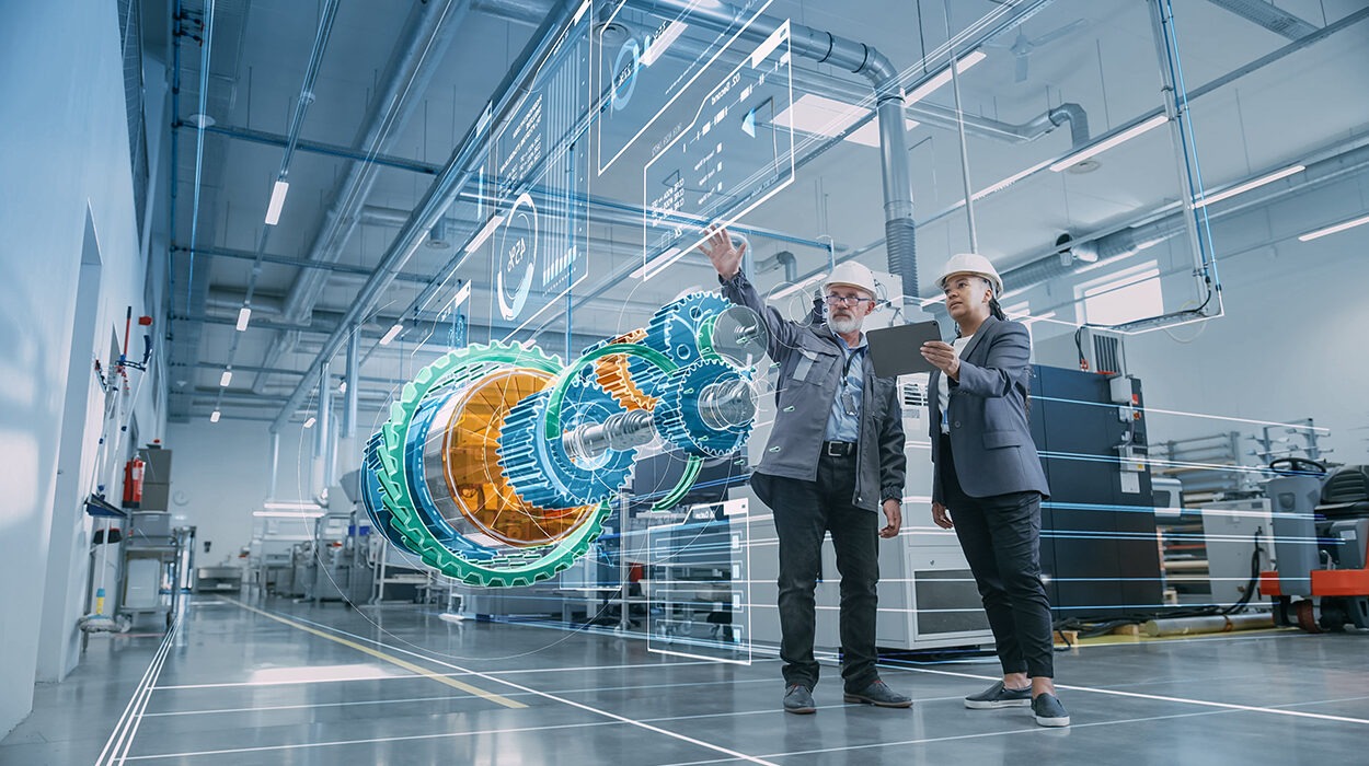 Factory Digitalization: Two Industrial Engineers Use Tablet Computer, Visualize 3D Model of Clean Green Energy Engine. Industry 4 High-Tech Electronics Facility with Machinery Manufacturing Products