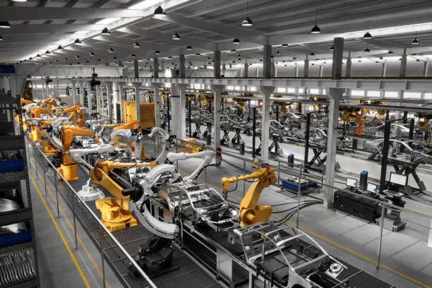 High angle view of cars on production line
