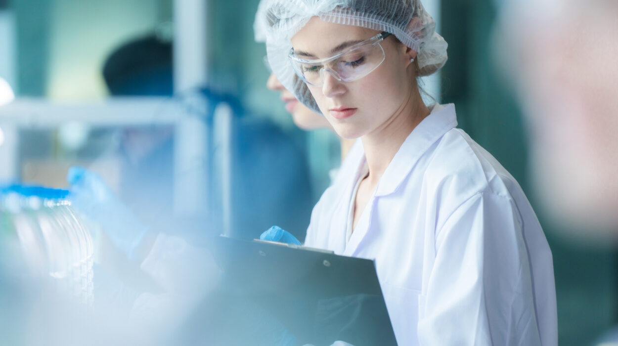 scientist worker checking the quality of water bottles on the machine conveyor line at the industrial factory. Female worker recording data at the beverages manufacturing line production.