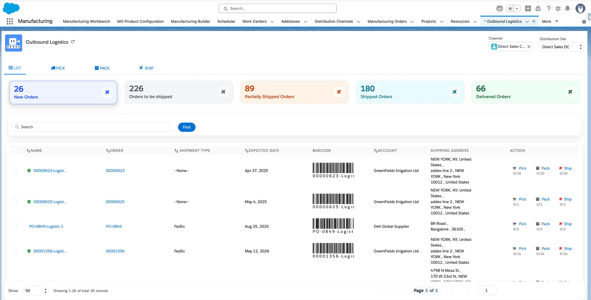 Axolt outbound logistics workspace with order status filters, order references, and Pick, Pack, and Ship actions