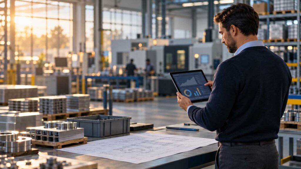 Manufacturing controller reviewing inventory and month-end close data